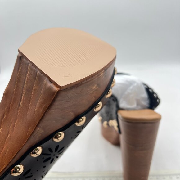 FOWT Brown Studded Round Toe Floral Cut Out Platform Mules Chunky Heel Sandals - Picture 6 of 8